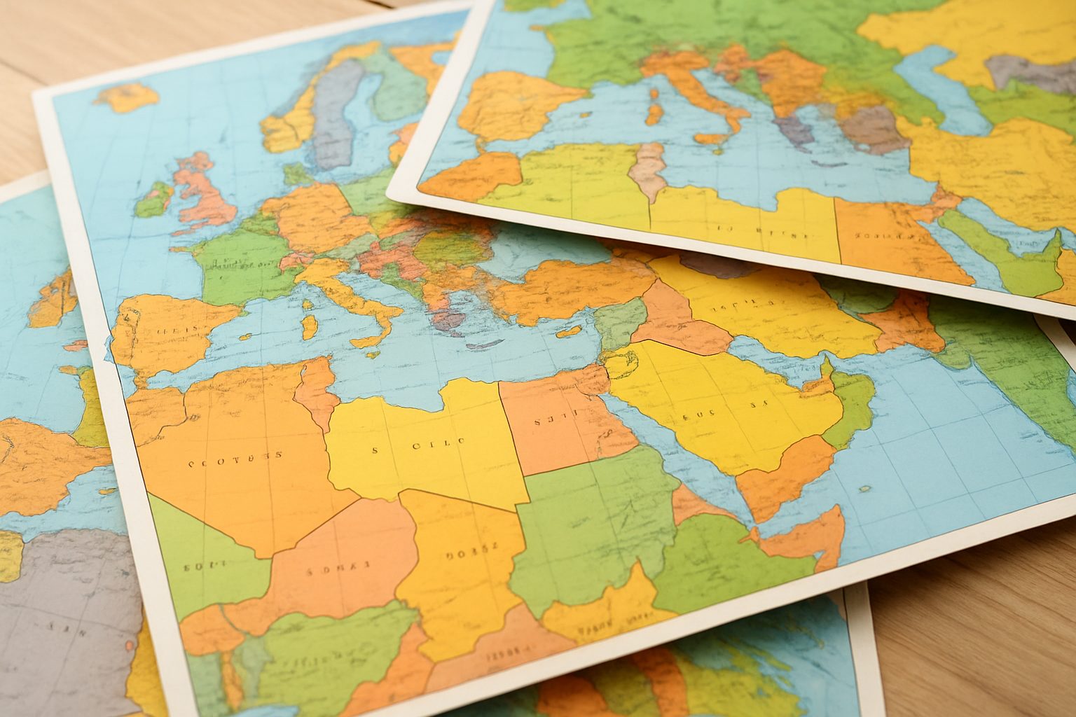 Colorful maps depicting Europe and the Middle East spread out on a surface